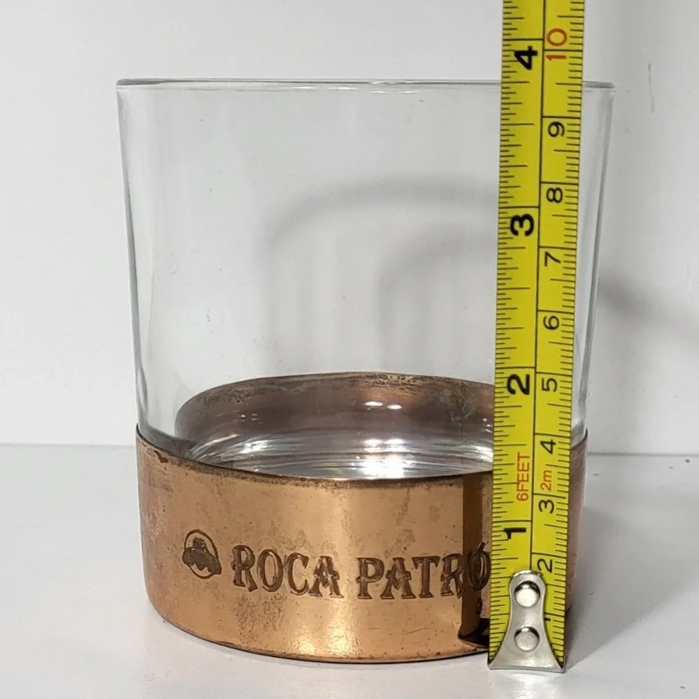 Roca Patron Tequila Rocks Glass Copper Base Metal Wrap Barware Bee Logo
